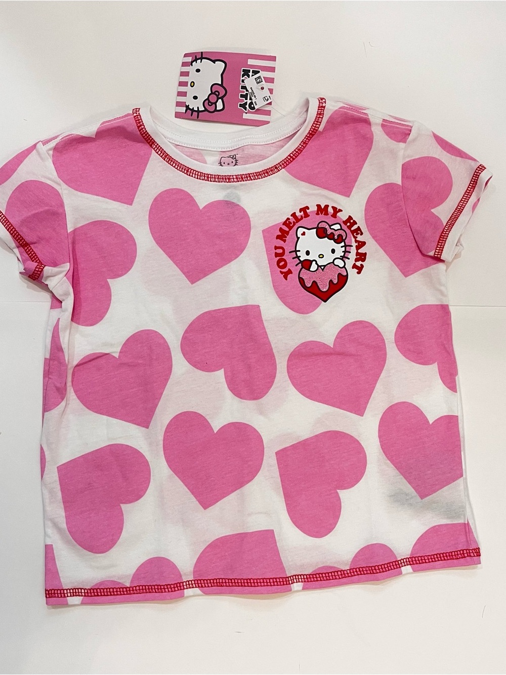 Hello Kitty White Tee with Pink Heart Print